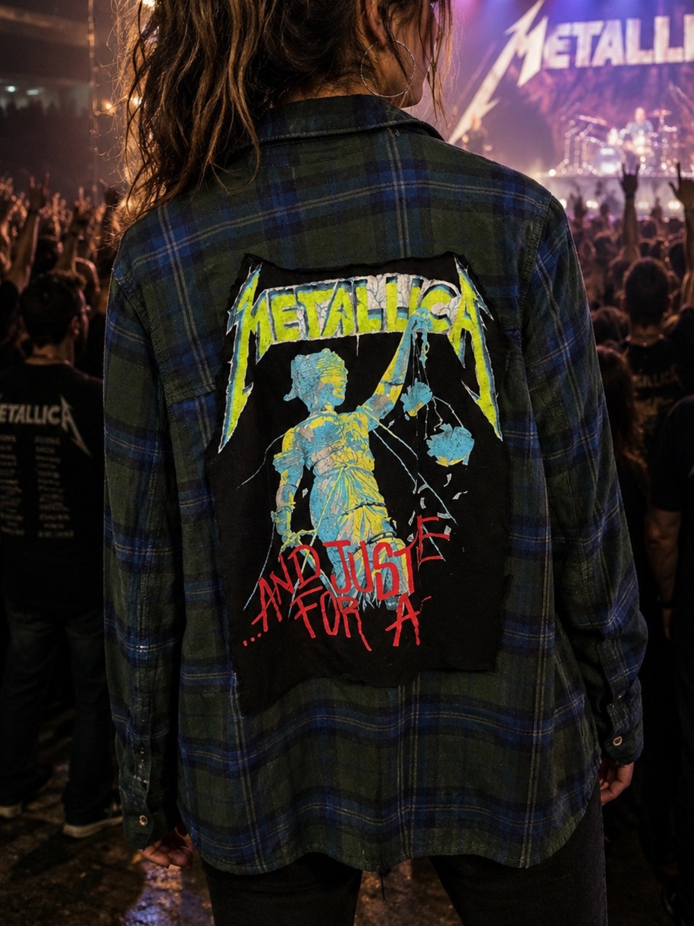 Metallica Patch Plaid Flannel Shirt in Green & Blue